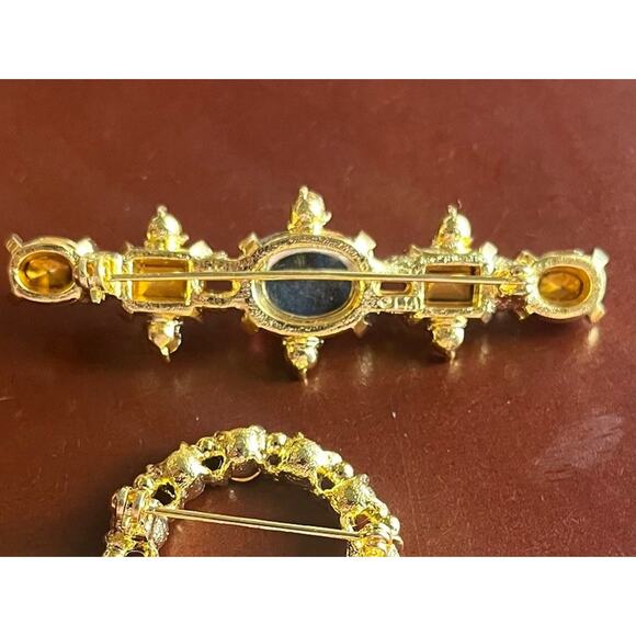 Lia Wreath Bar Brooch Pin G old Tone Lot Red Yellow Rhinestone Matching Gift Set - Picture 11 of 13